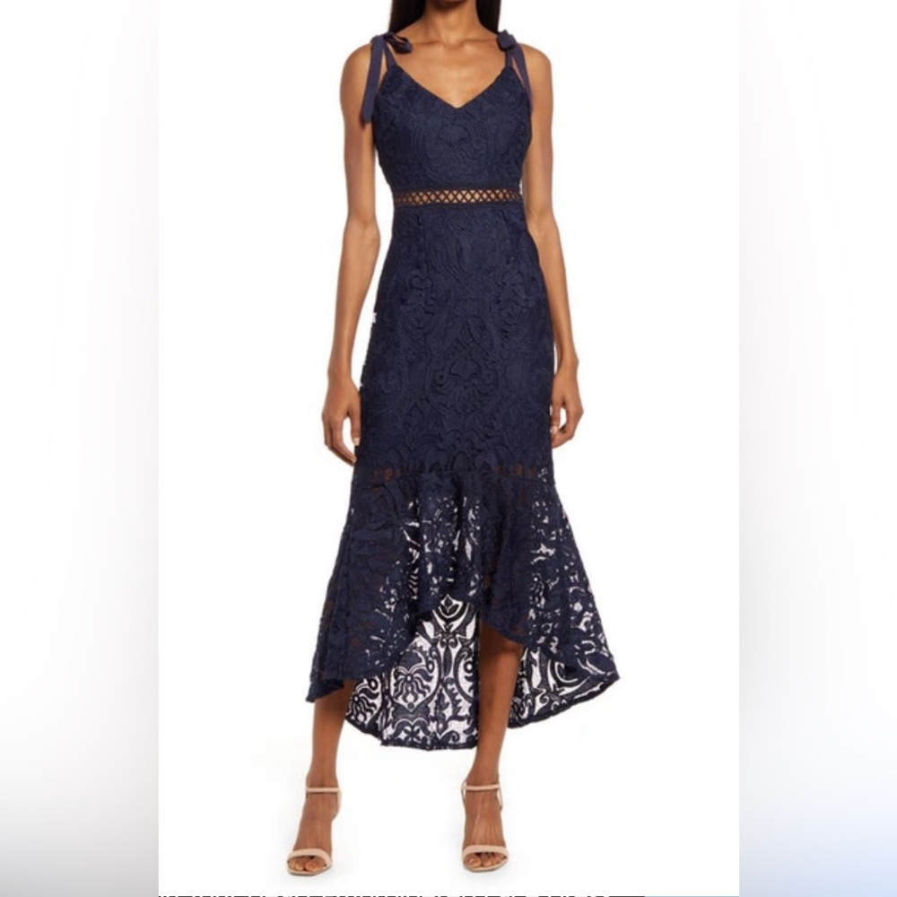 Lulus Won Your Heart Embroidered Lace Hi-Lo Midi Dress Women's navy blue